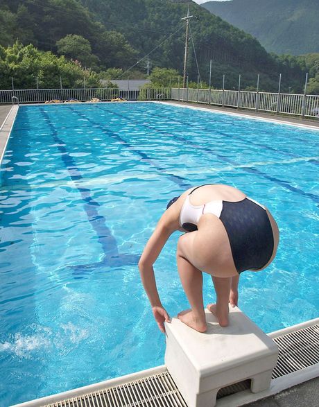 Asian college girl with tiny tits strips and gets her pussy licked poolside