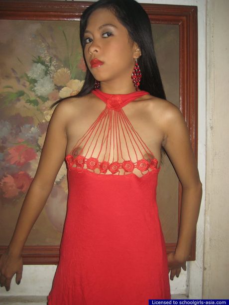 18yo Mia lifts her red nightie to unveil her tiny tits and her tight hairy pussy