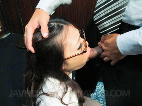 Big-breasted, shaved-pussy Ibuki-chan with glasses appears as the company presidents secretary. Ibuki-chan is immediately harassed with a large amount of bukkake semen from forced deep throat!