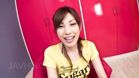 Tall Kana Miura smiles as she sucks her own fingers and begs for a cock. I suck the cock that appears in front of her.