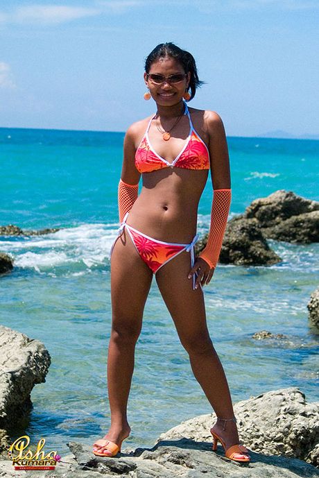 Cute Indian girl shows ass crack and brown tits in bikini