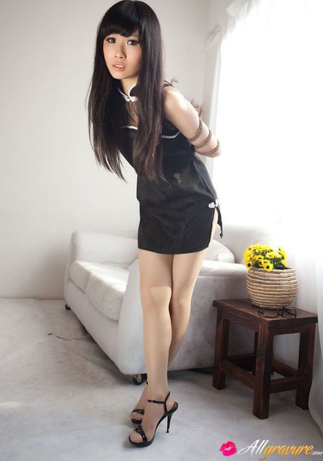 Yuko Asian in heels and cute dress has hands tied of her boobs