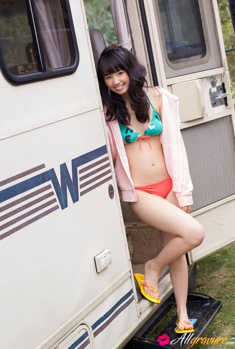 Rina Koike Asian in socks and colorful bath suit is so playful