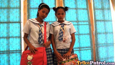 Asian schoolgirls Sally and Nica have a threesome with a teacher