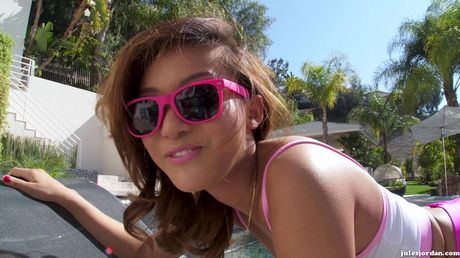 The guys take turns fucking her pussy and licking her clit.