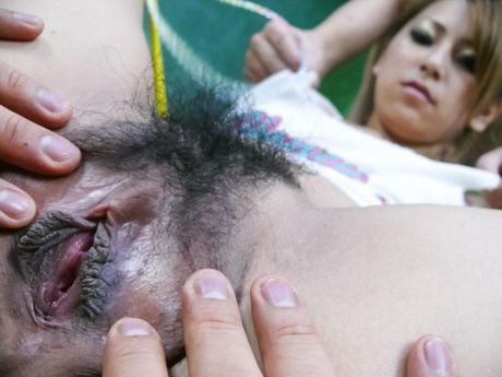 Sakura Kiryu Asian has hairy dark labia spread and gets vibrator