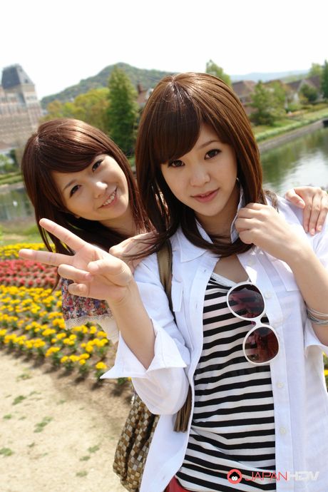 Lovely Japanese cuties Rimu Endo and Ueno Misaki posing outdoors