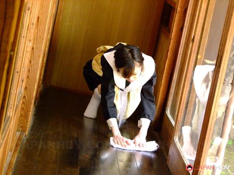 Cute teen maid Aoba Itou cleans her masters cock on her knees at home