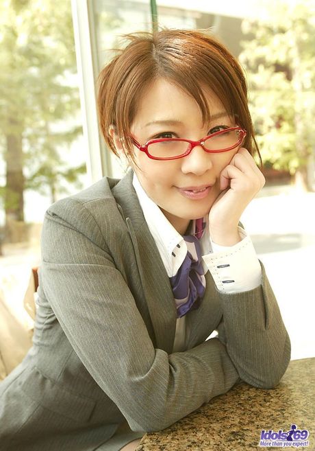 Slutty Asian office girl gets her naked big titties pinched in the office by guy