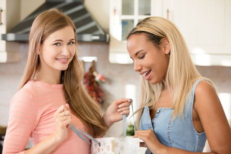 Magnetic teens Stella Cardo & Romy Indy lick each others pussies in the kitchen