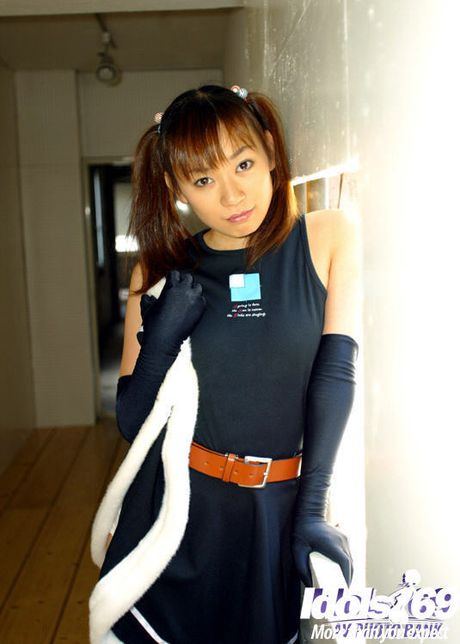 Svelte japanese teen Akane bares small tits and hairy beaver