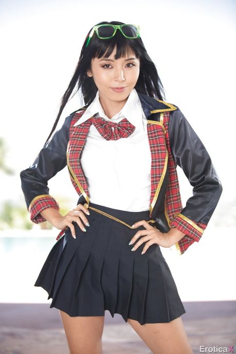 Stunning asian bombshell Marica Hase in uniform outfit bares her ass outdoor