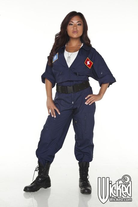 Hot asian Kaylani Lei in uniform baring tiny tits and spreading her legs