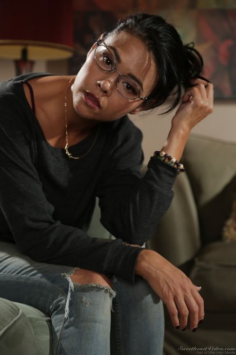 Slender american dark-haired hottie Dana Vespoli in sexy jeans reveals small tits and hairy pussy