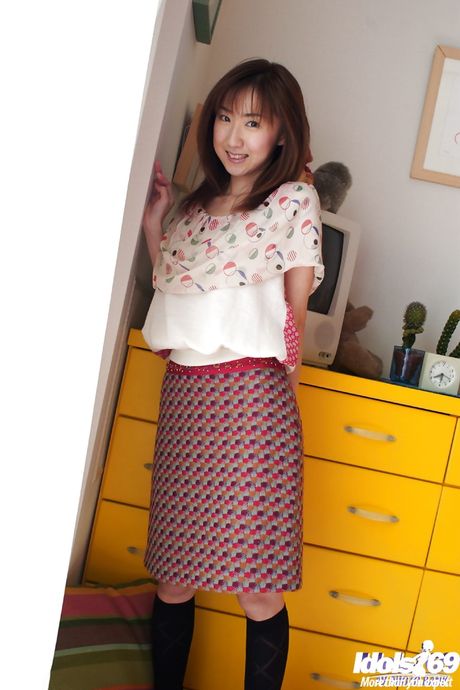 Slim japanese teen Anna Suzukaze in nice skirt showing tiny tits and spreading her legs